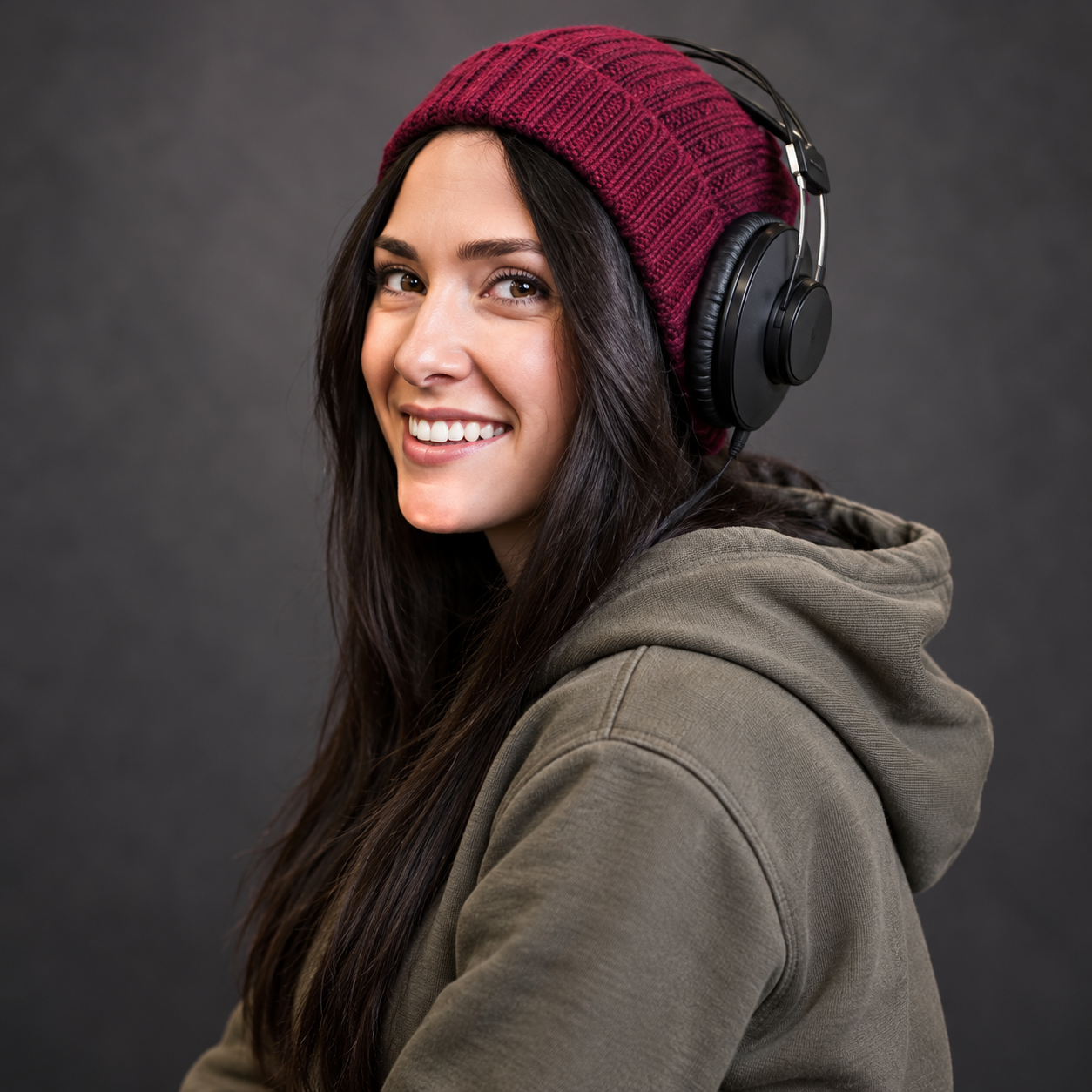Maddie wearing headphones and a burgundy hat