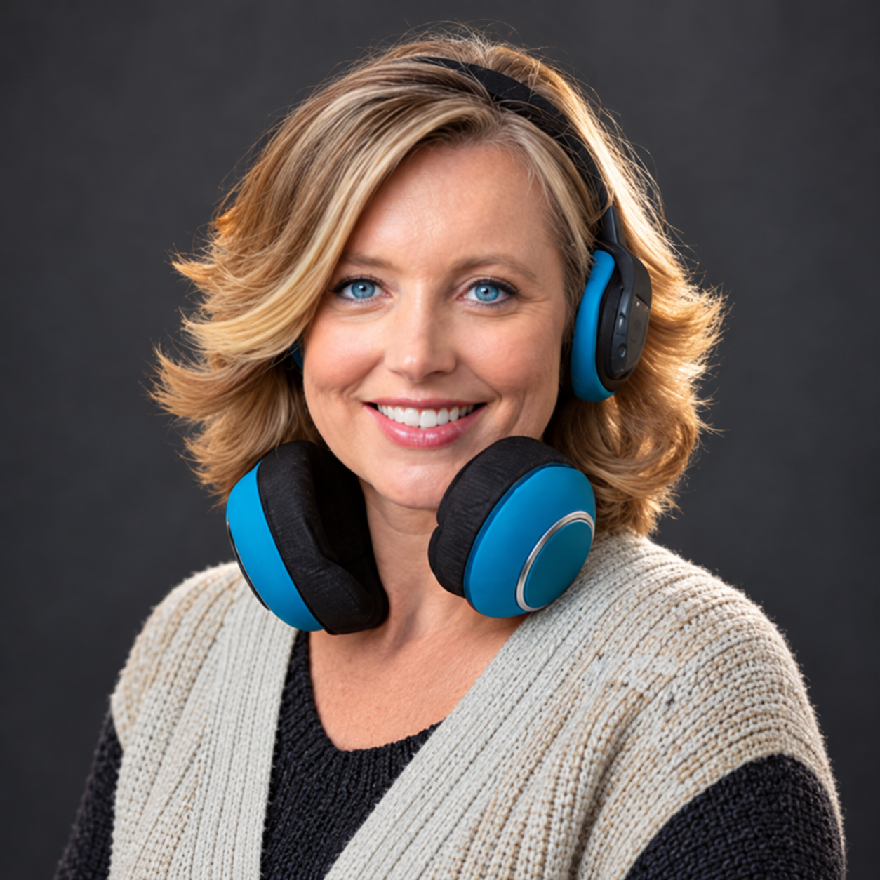 Nova wearing blue headphones