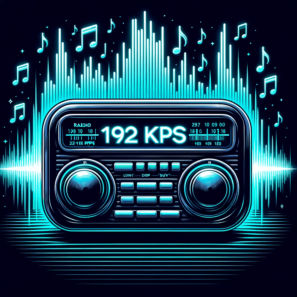 DALL·E 2023-10-18 11.10.59 - Illustration of a sleek black radio with neon blue backlight. On its display, '192 kbps' is illuminated, emphasizing the high-quality stream. Waves of